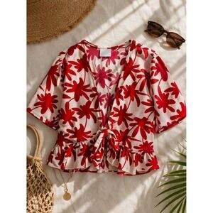 Red Floral Tie Front‎ Crop Top Women Sz S/M Cottagecore Boho Peplum Summer